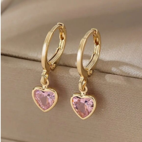 New! Sparkling Heart Design Pink Rhinestone Drop Earrings - Picture 1 of 1